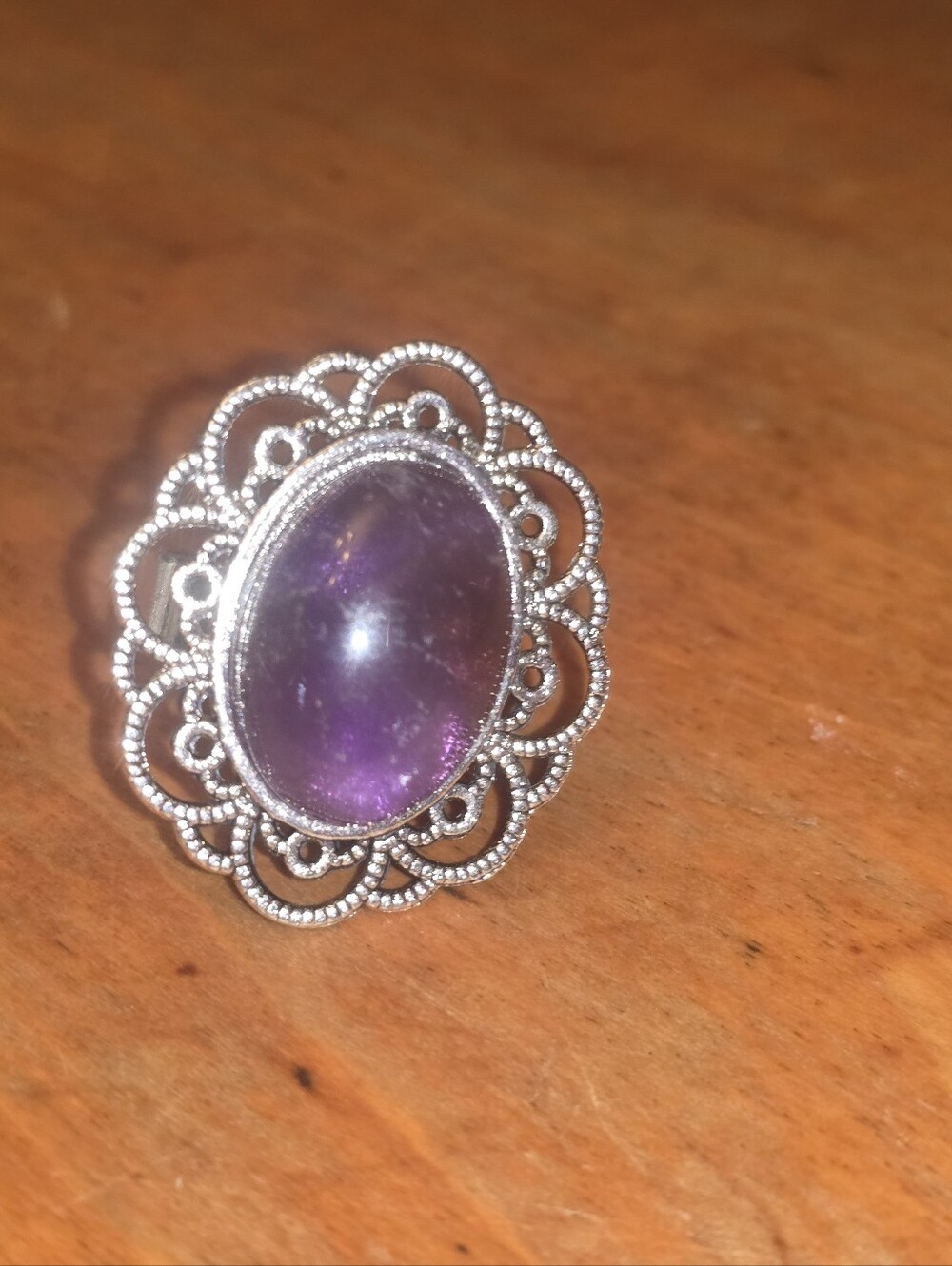 Purple Amethyst Gemstone In Silver Tone Frame, Adjustable Ring